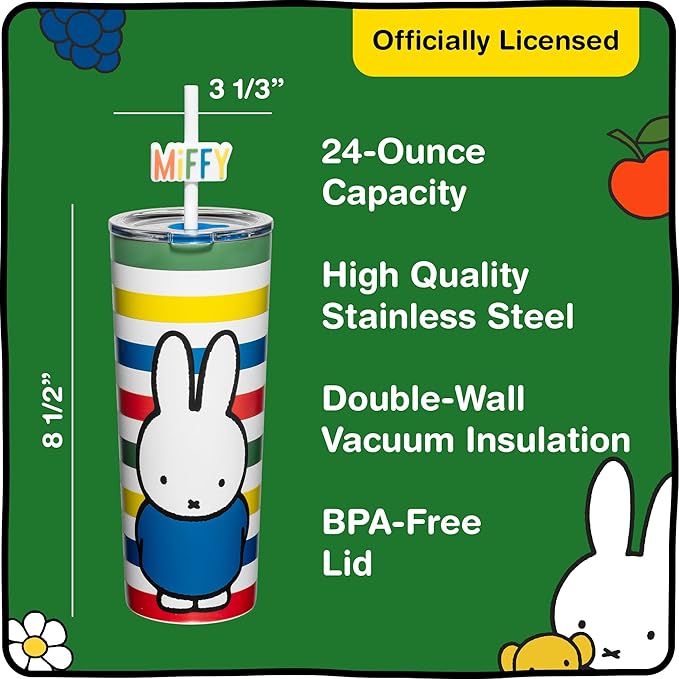 Dragon Glassware | Miffy 24 oz Vacuum Insulated Tumbler with Lid and Straw - Tumbler Cup with 2 Straws - Stainless Steel Tumbler with Straw Topper for Water, Iced Tea - Stripes