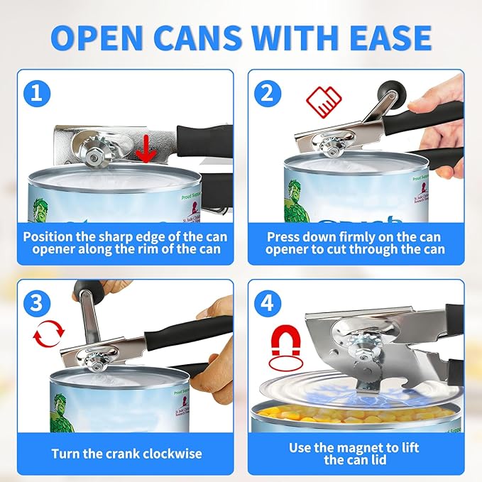 Manual Can Opener，Commercial Can openner，Can Opener Heavy Duty with Ergonomic Soft Grip Handles and Magnetic Lid Lifter for Large Cans, Seniors ，Stainless Steel, Black