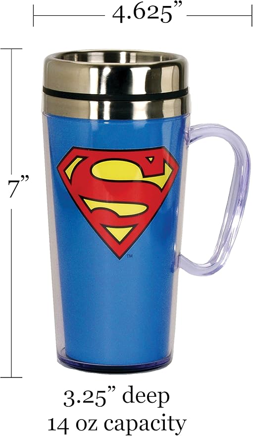Spoontiques - Insulated Travel Mug - Superman Logo Coffee Cup - Coffee Lovers Gift - Funny Coffee Mug - 15 oz - Blue