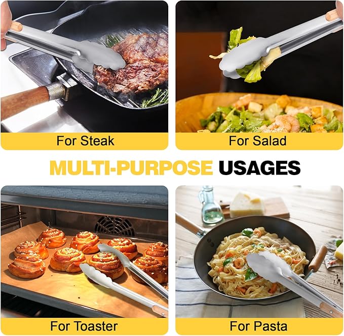 Premium Metal Kitchen Tongs for Cooking - Heat Resistant 1100°F Stainless Steel Tongs with Comfortable Wooden Grips - Perfect for Grill, Salad, Toaster, Cooking, and Serving Food (12-inch)