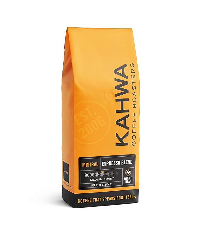 Kahwa Coffee Mistral Italian Style Medium Roast Espresso Blend, Whole Bean Coffee, 1 lb Bag