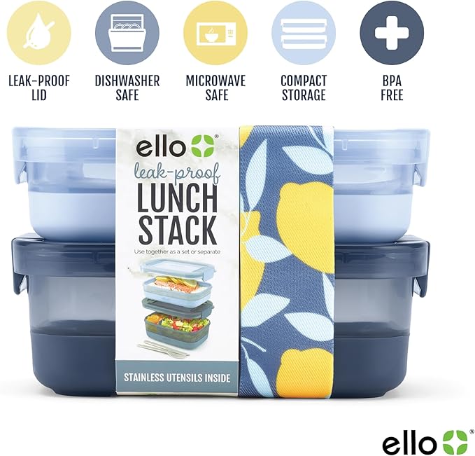 Ello 2-Pack Lunch Stack Plastic Food Storage Container Bento Box with Airtight, Leak-Proof Locking Plastic Lids and Silicone Base, BPA-Free, Freezer, Microwave, and Dishwasher Safe