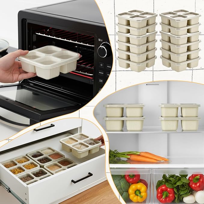 SHENLIU 6 Pack 4 Compartment Snack Containers, Beige Reusable Lunchable Container Divided Bento Snack Box with Lids Food Storage Containers for Adults Travel Work