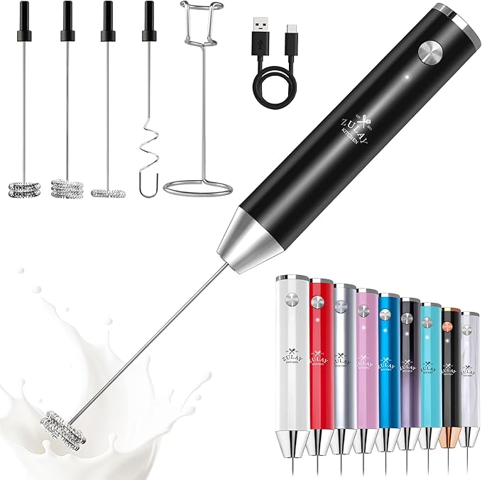 Zulay Kitchen Lux Rechargeable Milk Frother Handheld, 4 Included Whisks - Powerful 2-Speed Motor, Fully Waterproof, 2000mAh Battery - Drink Mixer For Latte, Cappuccino, Matcha, Protein Powder