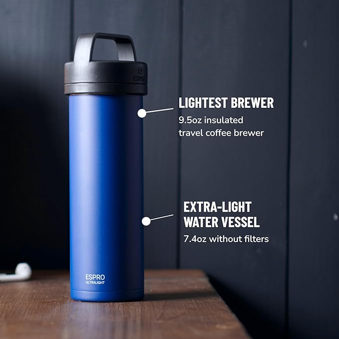 ESPRO P0 Ultralight French Press Coffee Maker for Travel, Vacuum Insulated Stainless Steel, 16 Ounces, Blue