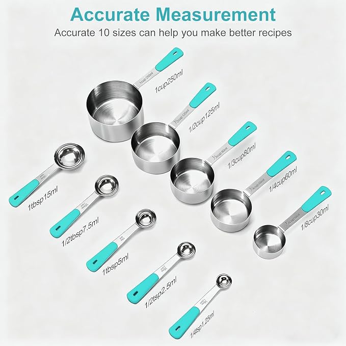 Measuring Cups and Spoons Set Stainless Steel 10 Piece for Cooking and Baking (5 Cups + 5 Spoons, Aqua Sky Handle)