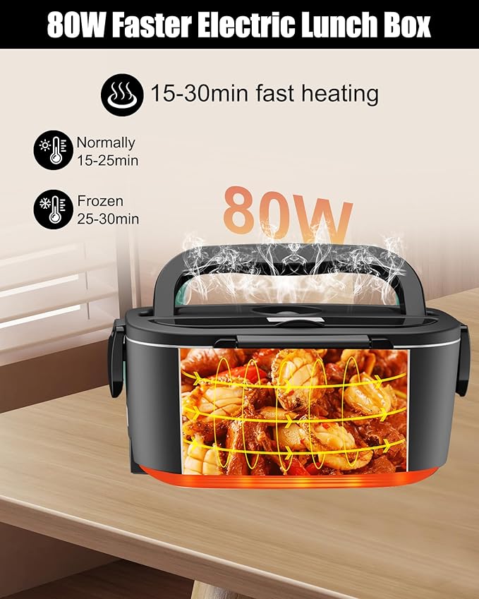 Buddew Electric Lunch Box for Adults, 80W Heated Lunch Box with Dual 1.5L Stainless Steel Portable Food Warmer,12/24/110V Lonchera Electrica Portatil for Travel&Work, Loncheras para Hombres de Trabajo