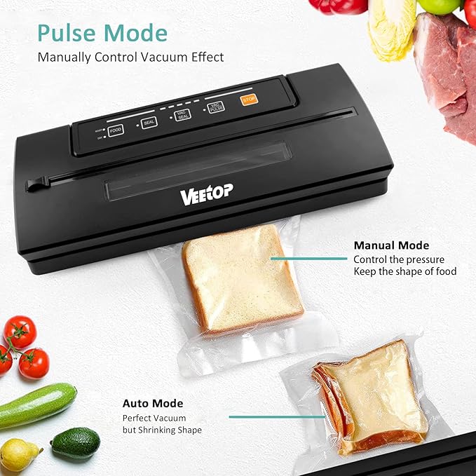Veetop Vacuum Sealer, Automatic 80kPa Food Sealer Machine with Dry Moist Modes for Food Preservation,1 Vacuum Rolls & 10Pcs Vacuum Seal Bags
