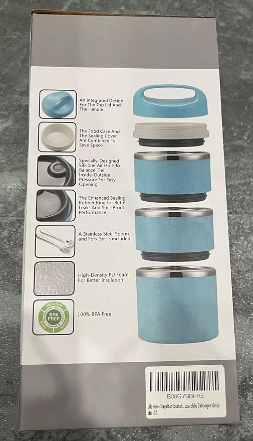 Lille Home Stackable Stainless Steel Thermal Compartment Lunch/Snack Box, 3-Tier Insulated Bento/Food Container with Lunch Bag, Utensils Set and Three Extra Seals, 43OZ