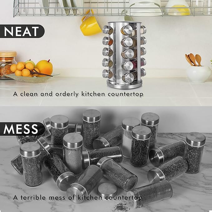 Baker Boutique Spice Rack, Spice Organizer for Countertop, Empty 20-Jars Rotating rack, Spinning flavoring Rack Shelf, Revolving Rack for Kitchen (Silver)