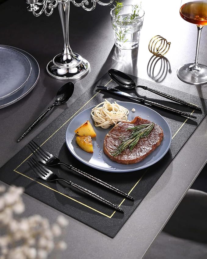 Lemeya 20-Piece Hammered Black Silverware Set,18/10 Stainless Steel Forging Heavy Duty Cutlery Set for 4, Luxury Unique Flatware Set,Spoons and Forks Set,Mirror Polished,Dishwasher Safe