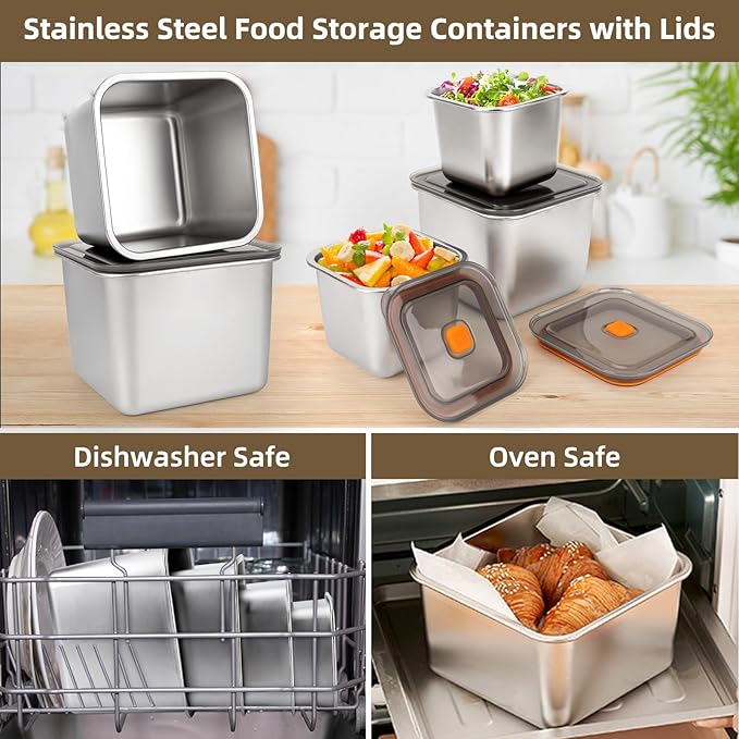 2 PCS Stainless Steel Food Storage Containers(100oz) with Lids Leak Proof & Airtight | Square Stainless steel freezer Containers,For Meal Prep,Fruit,Snack,Freezer