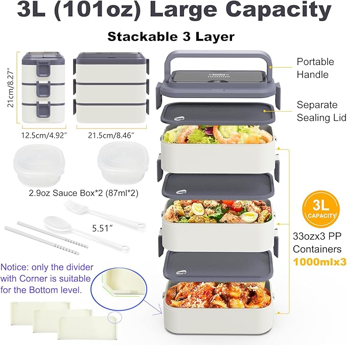 Stackable Bento Box Adult Lunch Box, 3000ML Large Capacity On-the-Go 3 Layers, Leakproof Microwave Safe Lunch Containers with Utensil Set, Dividers, Sauce Boxes for Kids and Adults