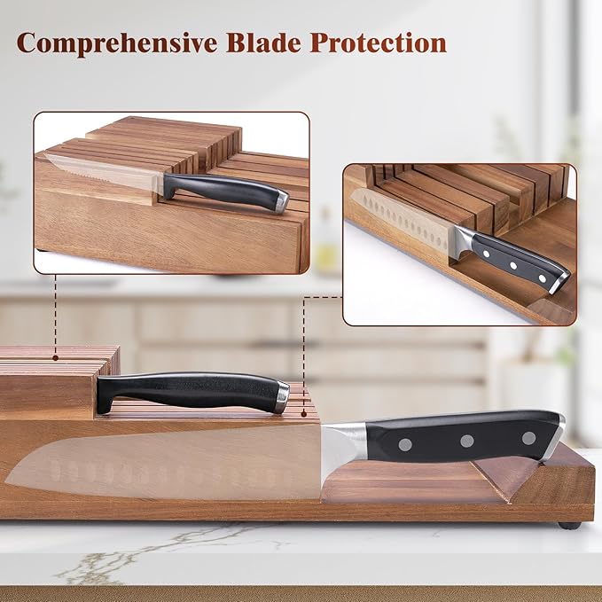 In-Drawer Knife Block, Acacia Wood Kitchen Knife Drawer Organizer, Knife Holder without Knives For Up to 12 Knives Steak Knife Chef Knife