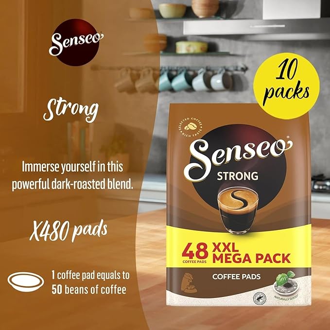 Senseo Strong Dark Roast Coffee Pods, 48 Count (Pack of 10) - Single Serve Coffee Pods Bulk Pack for Senseo Coffee Machine - Compostable Coffee Pods for Hot or Iced Coffee, Cold Brew Coffee