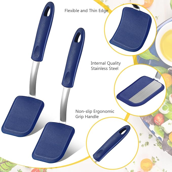 Silicone Cookie Spatula Turner 2 Pack Mini Brownie Spatula Flexible Kitchen Small Silicone Turner for Nonstick Cookware Heat Resistant No Scratch Flipper for Egg Pancake(Blue)