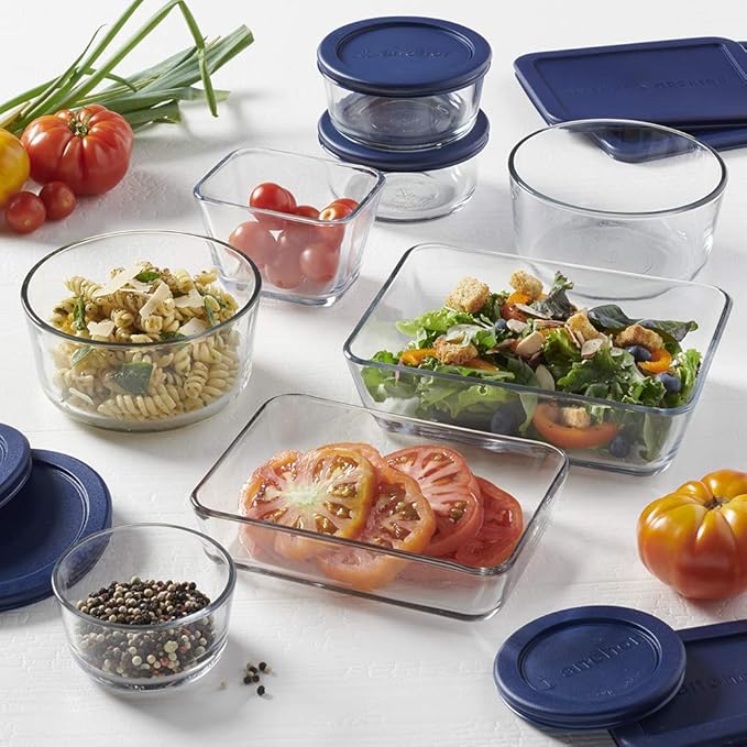Anchor Hocking 16 Piece Glass Storage Containers with Lids (8 Glass Food Storage Containers & 8 Navy Blue SnugFit Lids)
