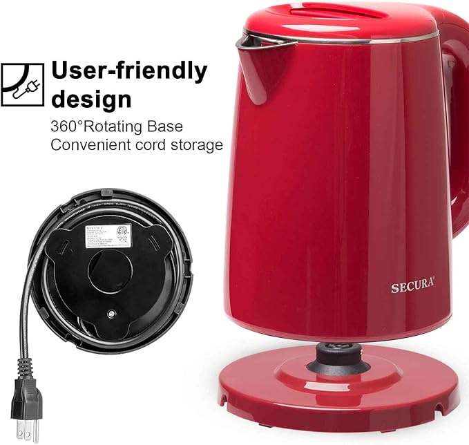 Secura Stainless Steel Double Wall Electric Kettle Water Heater for Tea Coffee w/Auto Shut-Off and Boil-Dry Protection, 1.0L (Red) SWK-1001DR/HB-K012