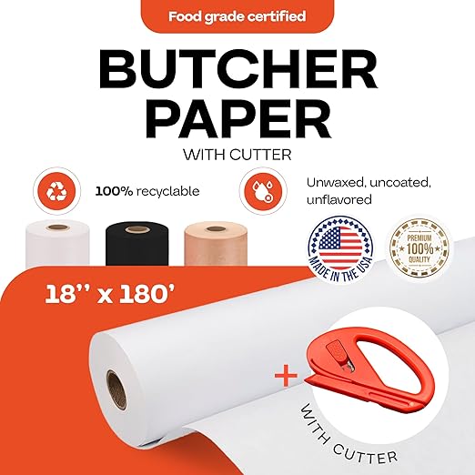 White Butcher Paper 18" x 2160" (180 feet) with Cutter - USA-Made Natural Butcher Paper Roll for Meat and Fish - Uncoated, Unwaxed & Food-Grade Material for Smoker, Grilling & BBQ by IDL Packaging