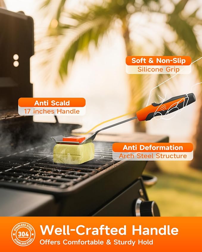 Grill Brush Bristle Free for Outdoor Grill, Steam Grill Cleaning Brush Replaceable Head, Extended Handle, Safe BBQ Cleaner Brush with Scraper for Cast Iron Stainless Steel Porcelain Grates
