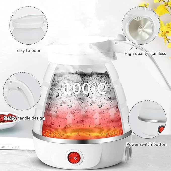 UpdateClassic Small Travel Foldable Electric Kettle, 0.6L Portable Collapsible Hot Water Boiler For Coffee Tea (White)