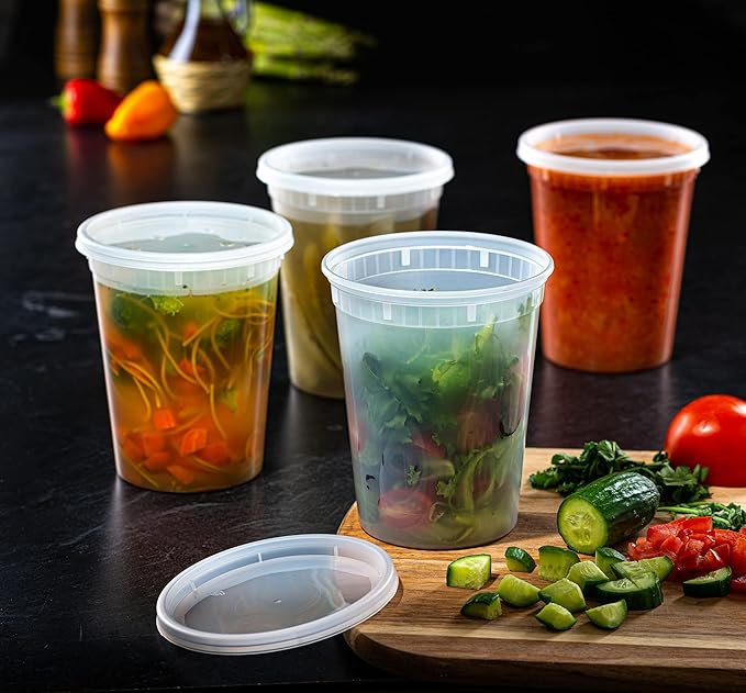 Pantry Value [32 oz. - 24 Count Plastic Food Storage Deli Containers with Lids, Disposable Soup Containers With Lids - Perfect for Storing Soups, Sauces, and Snacks