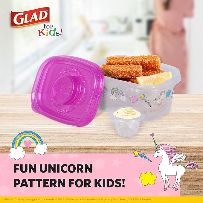Glad for Kids GladWare Snack Containers with Unicorn Design - 24 oz BPA-Free Plastic Food Storage with Lids and Dressing Cups - Microwave and Dishwasher Safe, 4 Count - 6 Pack