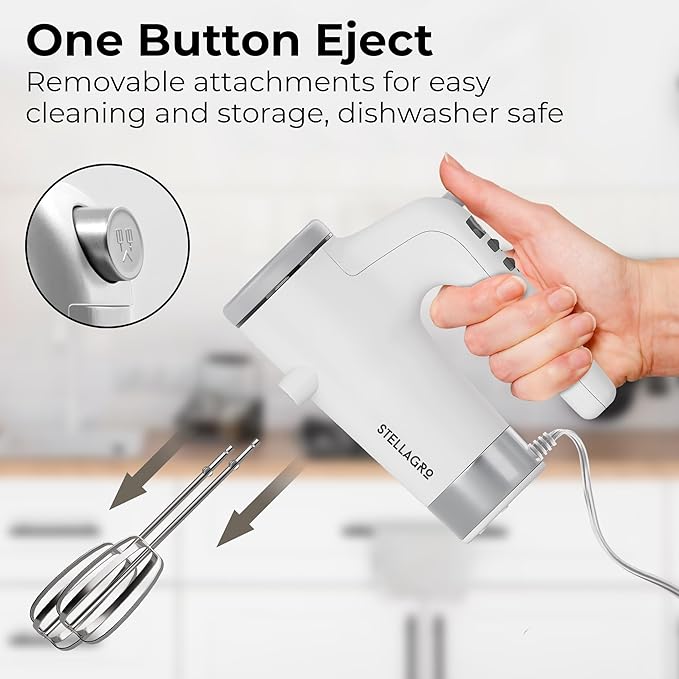9 Speed Electric Handheld Mixer with Stainless Steel Whisk Beater Attachments & Snap Storage Case, Compact Lightweight 350 W Powerful hand held mixer for Baking & Cooking, White