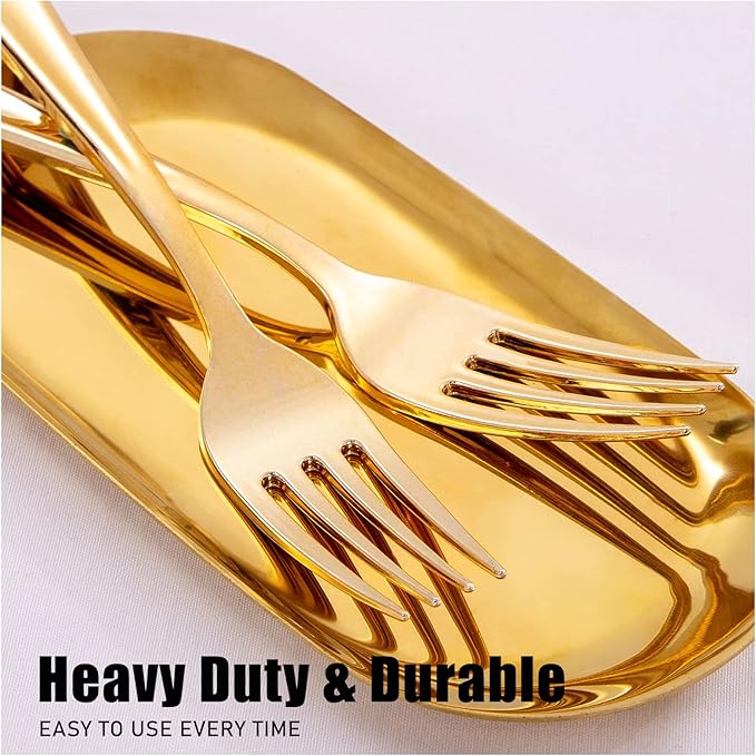 WDF300 Pieces Gold Plastic Silverware - Heavy Duty Disposable Cutlery Set Plastic Gold Silverware Set Includes 100 Forks, 100 Spoons, 100 Knives for Party/Thanksgiving