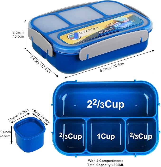 MaMix Bento Lunch Box Adult Box, Kids, Containers for Adults/Kids/Students,1300ML-4 Compartment (bright blue)