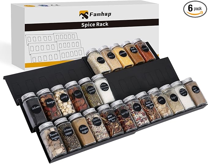 Famhap Spice Drawer Organizer, 6 Pack Drawer Seasoning Organizer Expandable from 11.6" to 23.2" Seasoning Rack Tray Insert for Kitchen Drawers, Spice Rack Tray for Drawer/Countertop (Black)