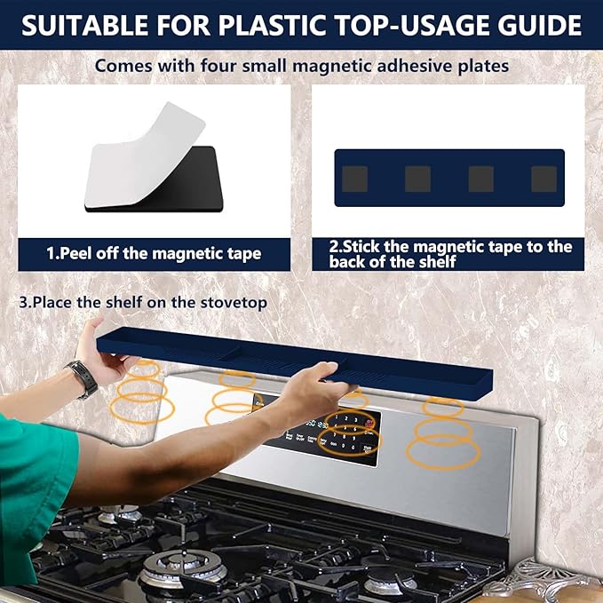 AWOKE Stove Top Shelf 30 Inch - Silicone Material Magnetic Shelf for Stove - 3 Functional Partitions Kitchen Spice Rack Organizer-Navy Blue,Kitchen Gadgets Storage Organization