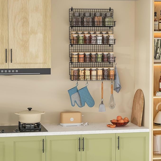 X-cosrack Upgraded Spice Rack Organizer - Wall Mounted Large 4-Tier Stackable Spice Storage with 5 Hooks, Holds 80 Jars, for Kitchen Pantry Organization (Patent:D909138S)