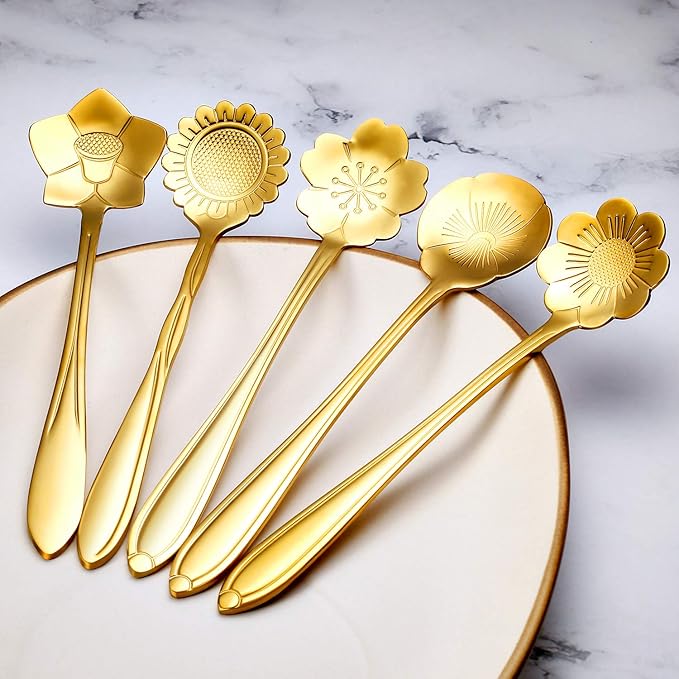 Chengu 8 Pieces Flower Coffee Tea Spoons Stainless Steel Sugar Spoons Tea Party Flower Fancy Tableware Set Stir Bar Creative Stirring Teaspoon, 8 Different Patterns(Gold)