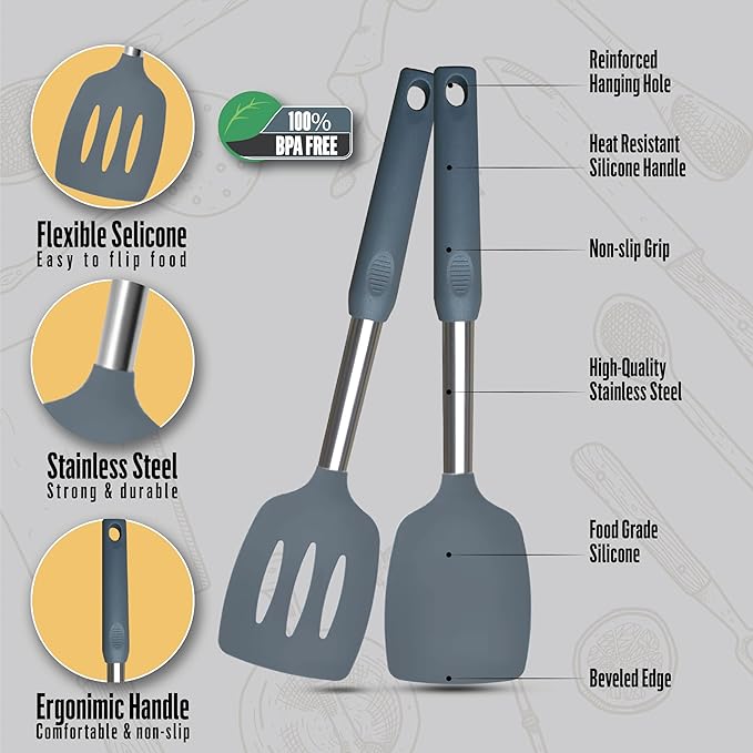 Silicone Spatulas set for kitchen use : Heat Resistant Turner & Slotted Silicone Spatula for Cooking, Non Toxic Kitchen Utensils, Ideal kitchen spatula turner for Eggs & Pancakes (Gray)