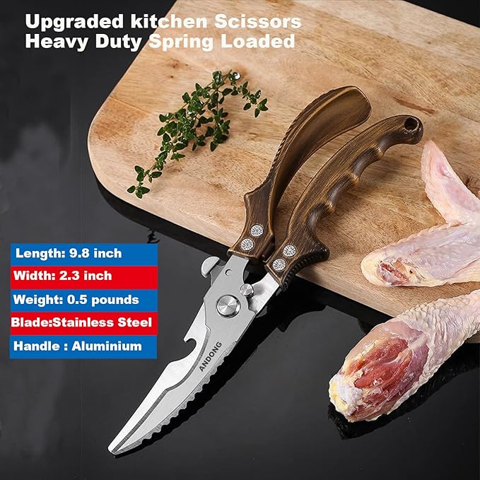 ANDONG Kitchen Shears - Heavy Duty Stainless Steel Poultry, Meat & Bone Scissors with Black Leather Sheath for Food