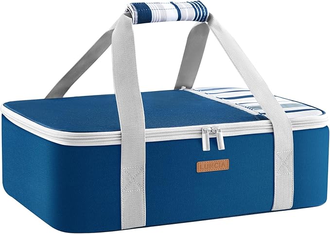 LUNCIA Insulated Casserole Carrier for Hot or Cold Food, Lasagna Lugger Tote for Potluck Parties/Picnic/Cookouts, Fits 9"×13" Baking Dish, Dark Blue