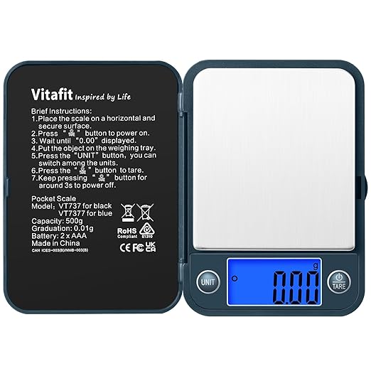 Vitafit 500g Digital Pocket Scale,High Accuracy Assured by Scale Professional Factory Since 2001, Gram Scale 0.01g for Multifunction: Lab,Food, Kitchen,Coffee,Jewelry; Blue