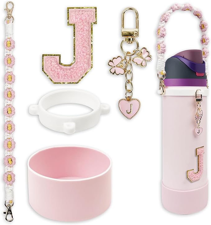 SITKOL Silicone Boot Cute Monogram Set Compatible with Owala Water Bottle 24 oz, 32 oz, 40 oz - Perfect Letter Owala Accessories for Owala Tumbler, Owala Free Sip, Pink Owala, Black Owala