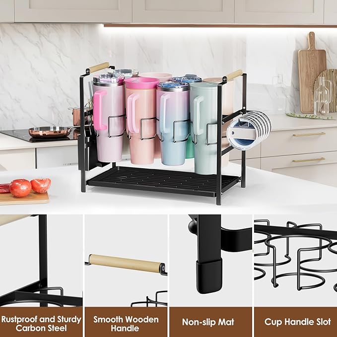 Housolution Water Bottle Organizer Drying Rack for 40 oz Tumbler with Handle, Multifunctional Cup Storage Holder Compatible with Stanley, Owala, Simple Modern and Other Brands, 8 Slots (Patented)