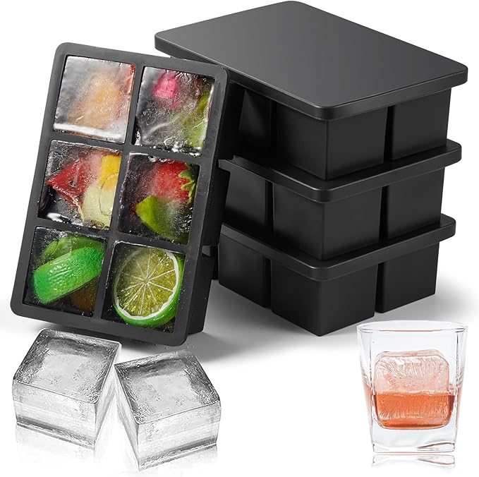 Nax Caki Large Ice Cube Tray with Lid 4 Pack, Large Size Silicone Ice Cube Molds(Black) Stackable 2 Inch Big Silicone Square Ice Cube Mold for Whiskey Cocktails Bourbon