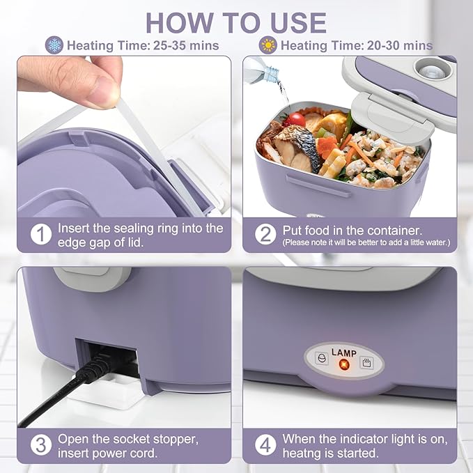 Electric Lunch Box Food Heater, 3 in 1 Ultra Quick Heated Lunch Boxes for Adults, 12V/24V/110V Portable Food Warmer for Car/Truck/Office With Fork Spoon and Insulated Carry Bag