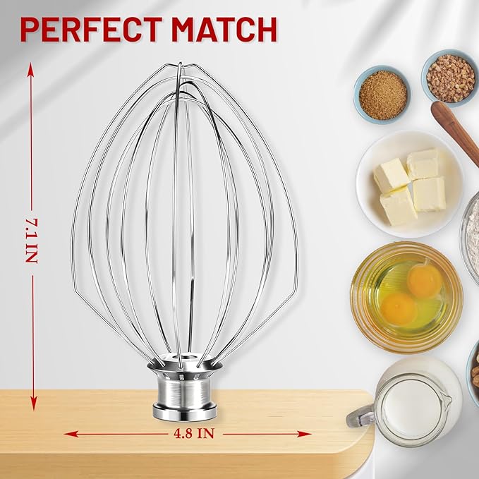 K5A 6 Wire Whip Attachment for KitchenAid 5 6 Quart Bowl Lift Stand Mixer, Dishwasher Safe, 18/8 Stainless Steel, 6 Wire Whip for K4, K5, K5SS, KSM5, KG25, KF26, KP50, KSM6573, Professional 6000