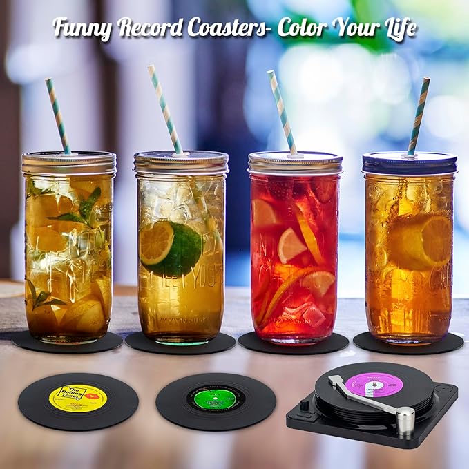 Valdivia Vinyl Record Coasters for Drinks with Records Player, Retro Album Coasters Set of 6, Funny New Home Decor for Housewarming Gifts, Music Lovers Presents, Cool Apartments Decoration Gifts Ideas