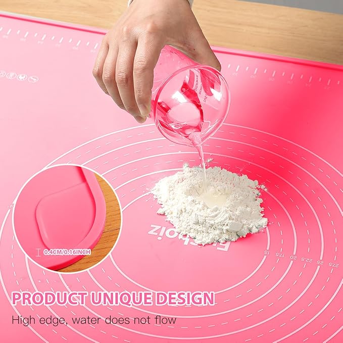 Silicone Pastry Mat 24"*16" Extra Thick Non Stick Baking Mat Food Grade Silicone Dough Rolling Bake Mat with Edge Heightening Pink
