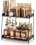 2-Tier Coffee Station Organizer, Wooden Kitchen Counter Shelf - Black