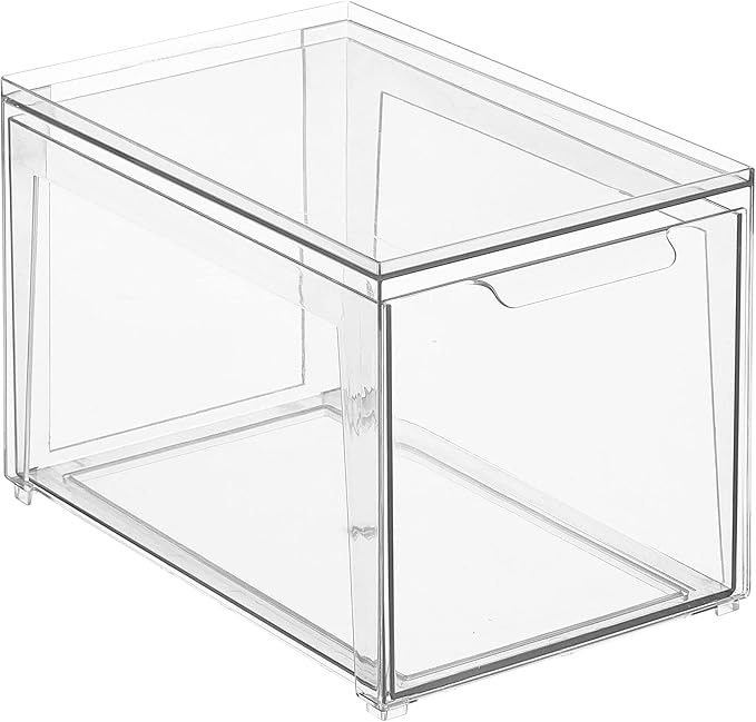 mDesign Plastic Stackable Closet Storage Organizer Bins with Pull Out Drawer for Cabinet, Desk, Shelf, Cupboard, or Dresser Organization - Lumiere Collection - 4 Pack - Clear