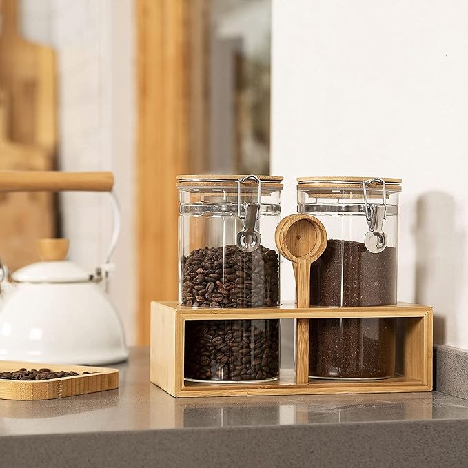Yangbaga Ground Coffee Storage Container with Shelf, 2×45OZ Glass Coffee and Sugar Container Set, Coffee Canisters with Airtight Lids and Scoop, Food Storage Jars for Kitchen,Nuts,Tea,Sugar