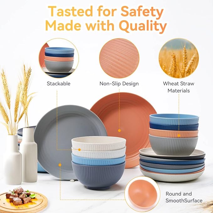Hommaly Wheat Straw Dinnerware Sets,64-Piece Plates and Bowls Sets for 8-Unbreakable,Reusable Plastic Dish Set-Dinner Plate/Dessert Plate/Cereal Bowl/Cup/Utensils-Dishwasher Safe 64P-Coral Coast