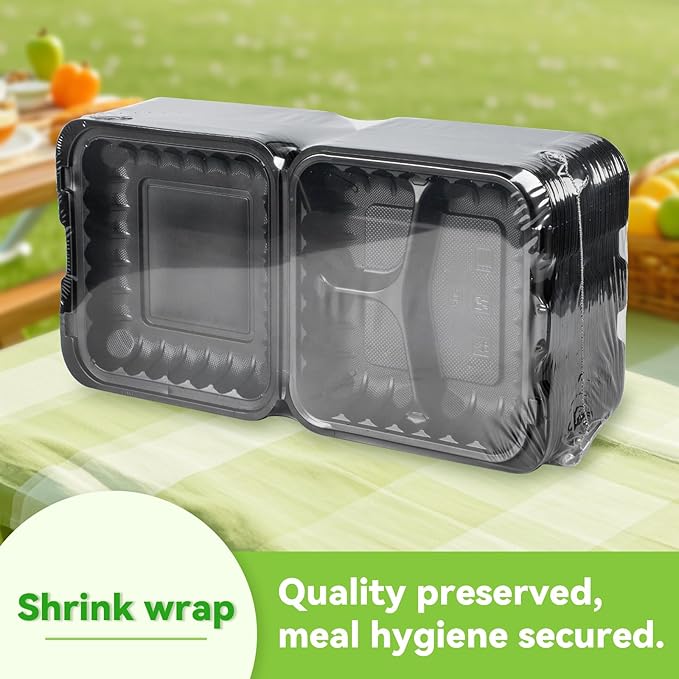 Food Containers Mineral Filled PP 55 Pack - 8x8 34 oz Shrink Wrap BPA Free Plastic | Stackable Storage Clamshell Takeout Container | Reusable Microwave Safe | 3 Compartment Black Lunch Boxes